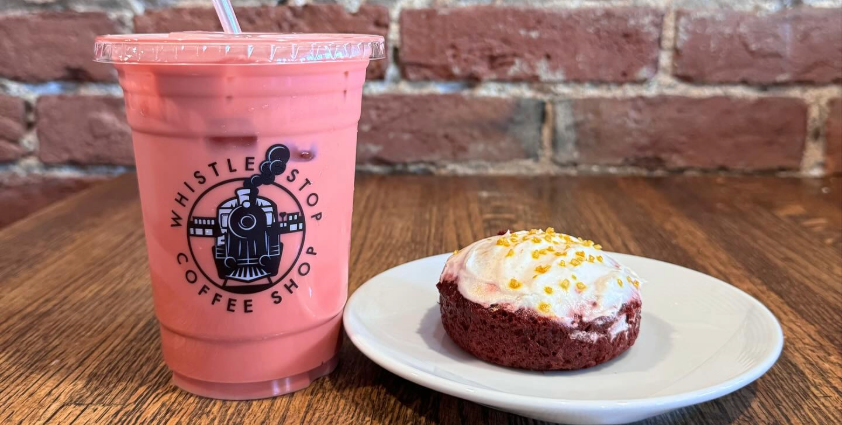 Whistle stop pink latte and pastry